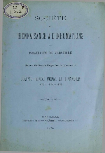 Compte-rendu moral et financier 1873 - 1874 - 1875